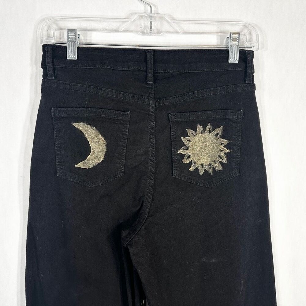 Time Tru Sz 4 Jeans Black Straight Hand Painted Gold Lunar Sun Witch Grunge 1602 - Picture 9 of 13